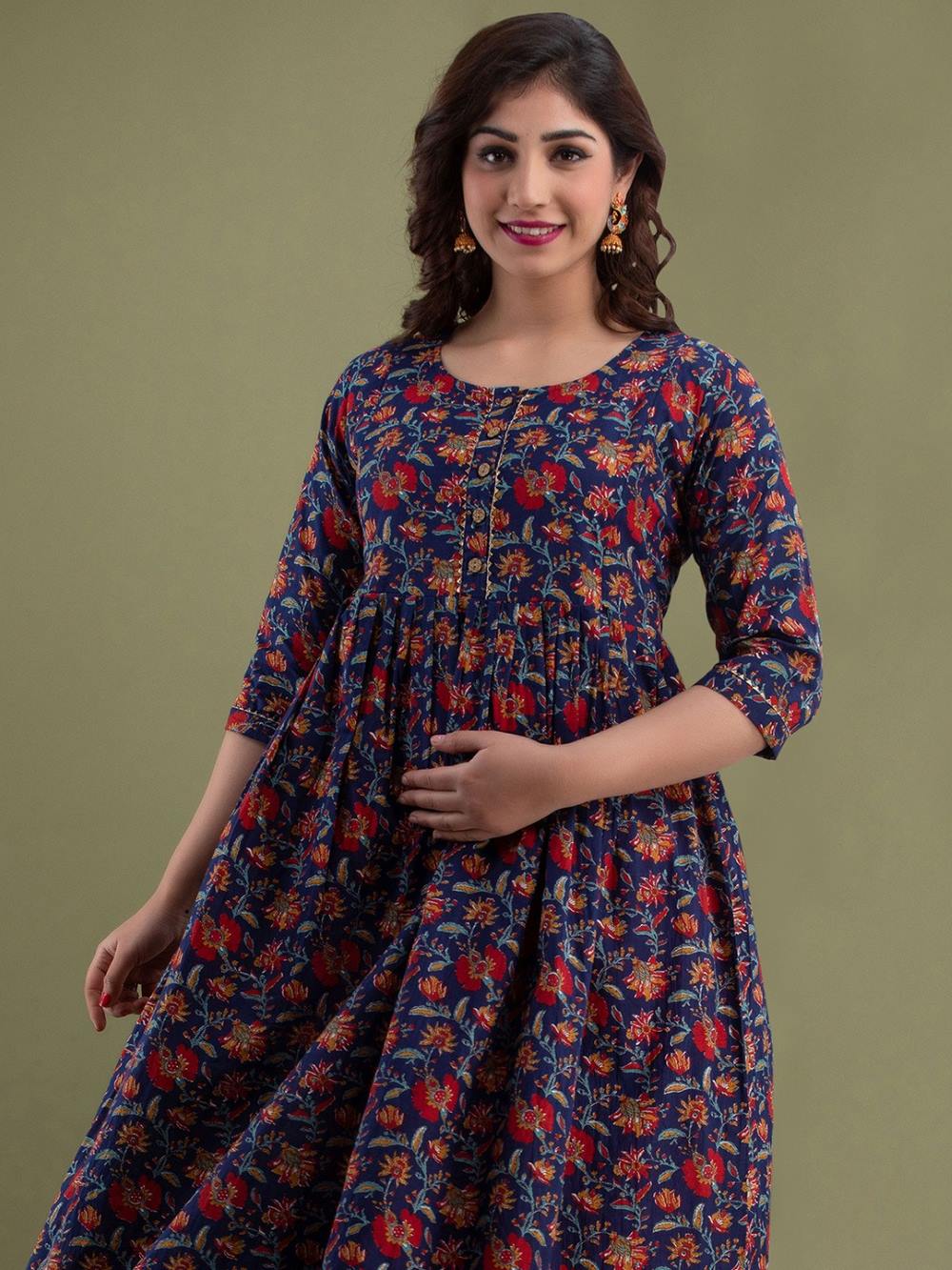 Lavanya Stunning Floral Printed Round Neck Cotton Fit & Flare Maternity Midi Dress