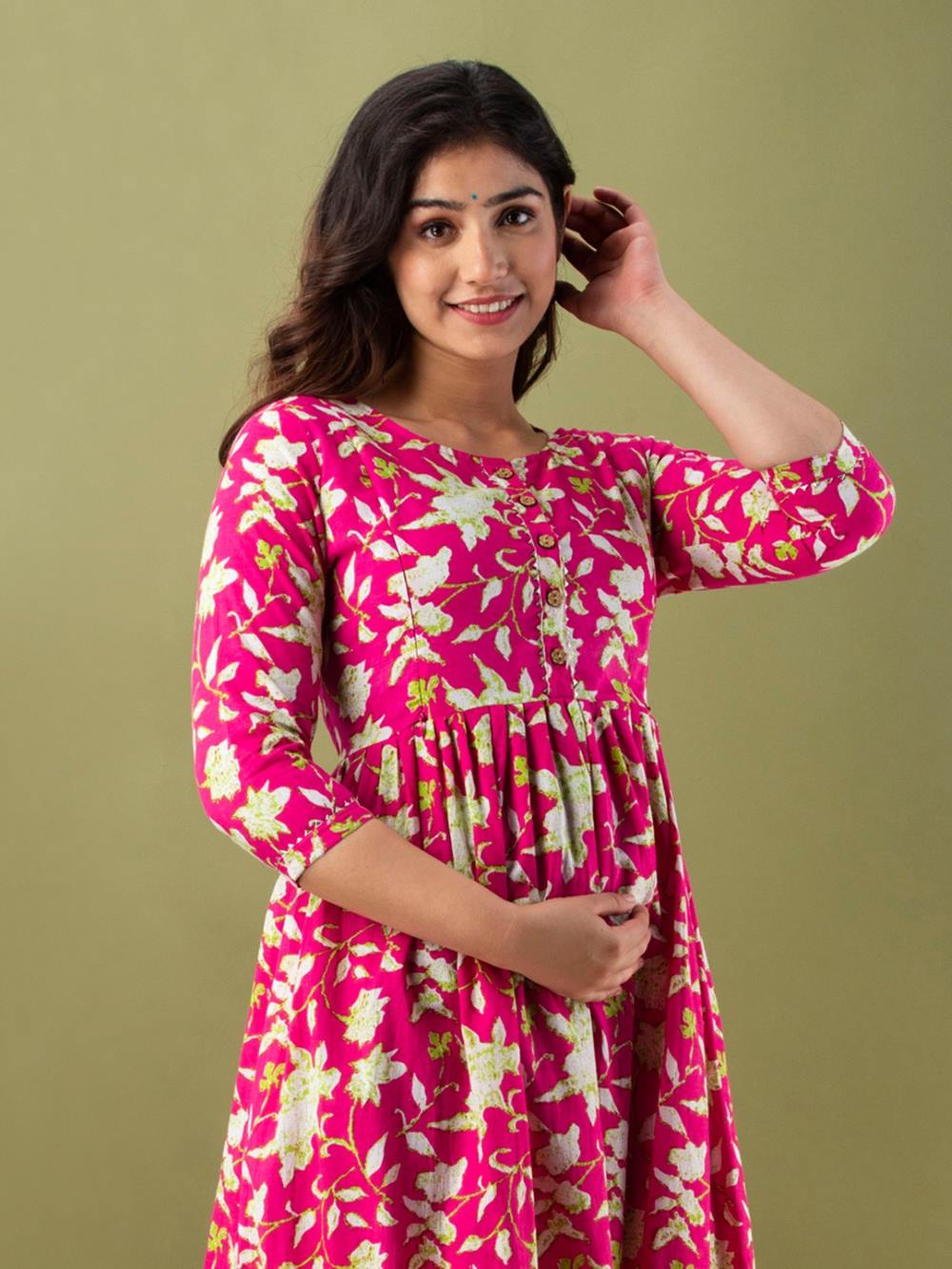 Charvi Stunning Floral Printed Round Neck Cotton Fit & Flare Maternity Midi Dress