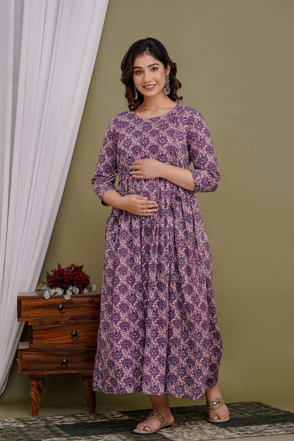 Ekanta Stunning Floral Printed Round Neck Cotton Fit & Flare Maternity Midi Dress