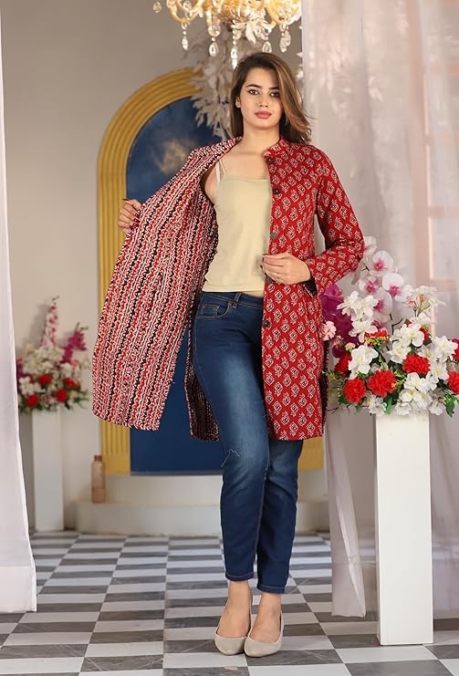 Reversible Cotton Printed Quilted Maroon Jacket for Women & Girls