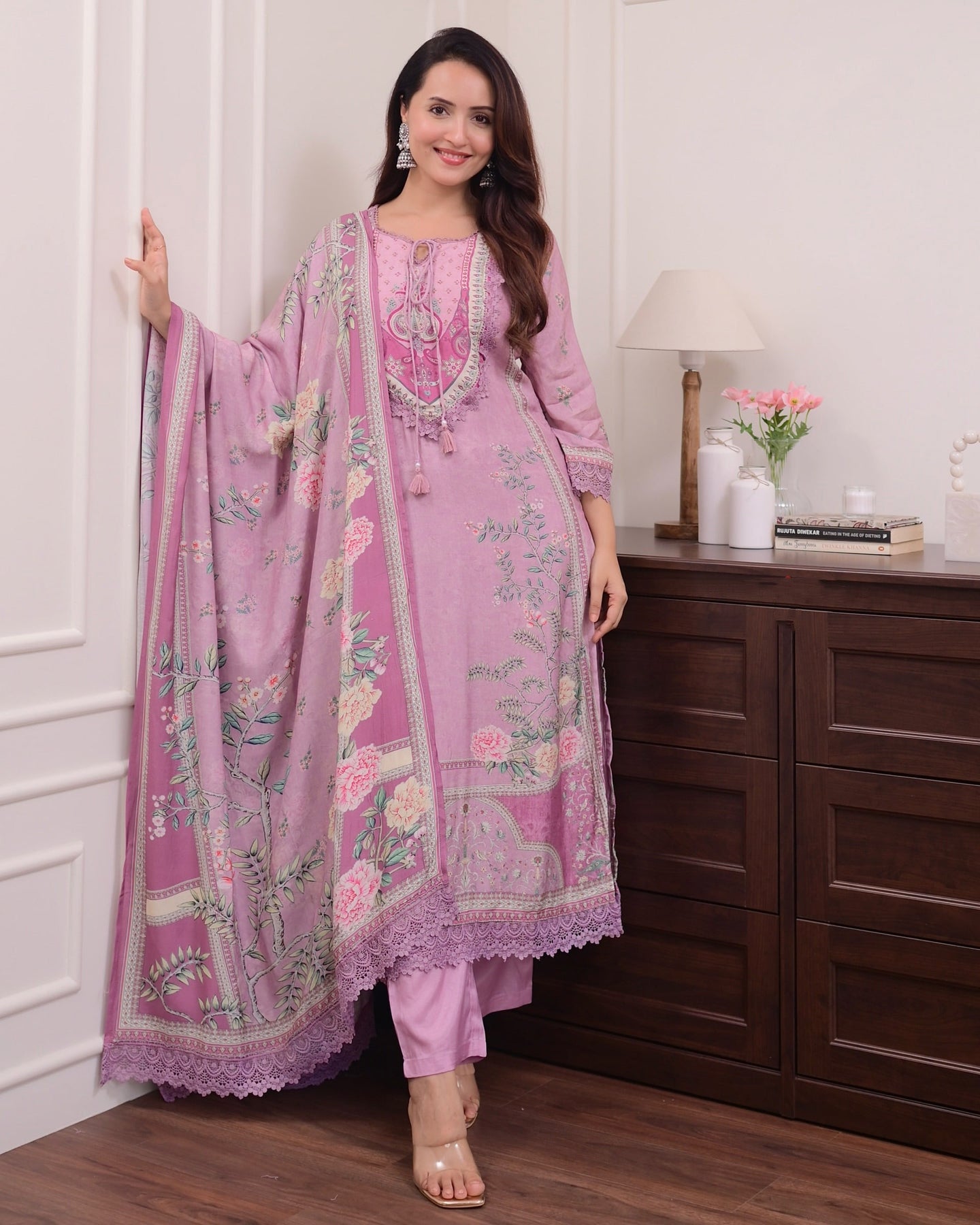 Saranya Floral Printed Design Work Lilac Muslin Pakistani Suit  with Trousers & Dupatta Kurtisthan