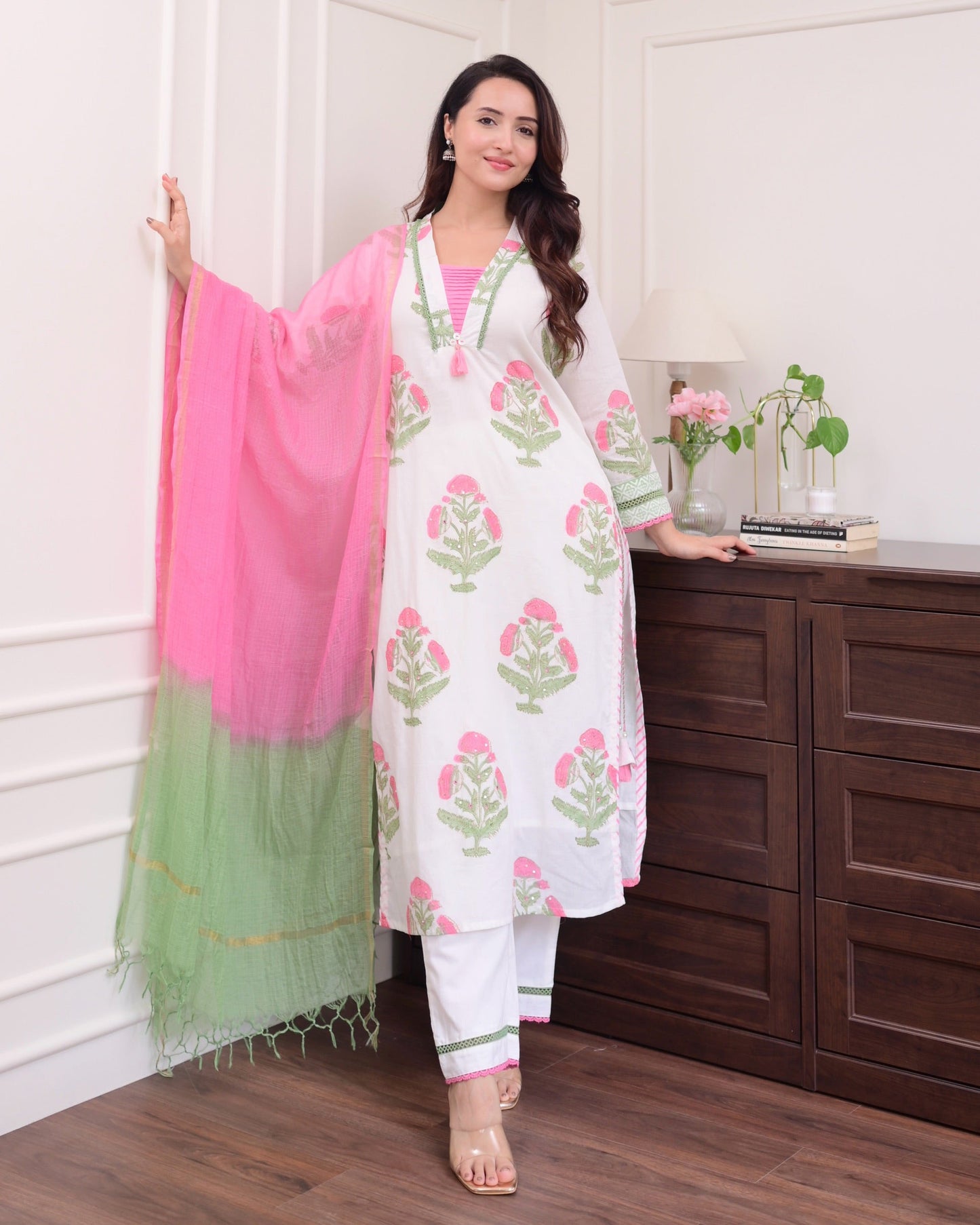 Malashri Beautiful Designer Floral Print Chanderi Cotton Suit set with Pant & Dupatta Kurtisthan