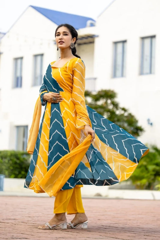 Aaravi Beautiful Yellow Leheriya Georgette Anarkali Gown with Pant and Lace-Detailed Dupatta Set Kurtisthan