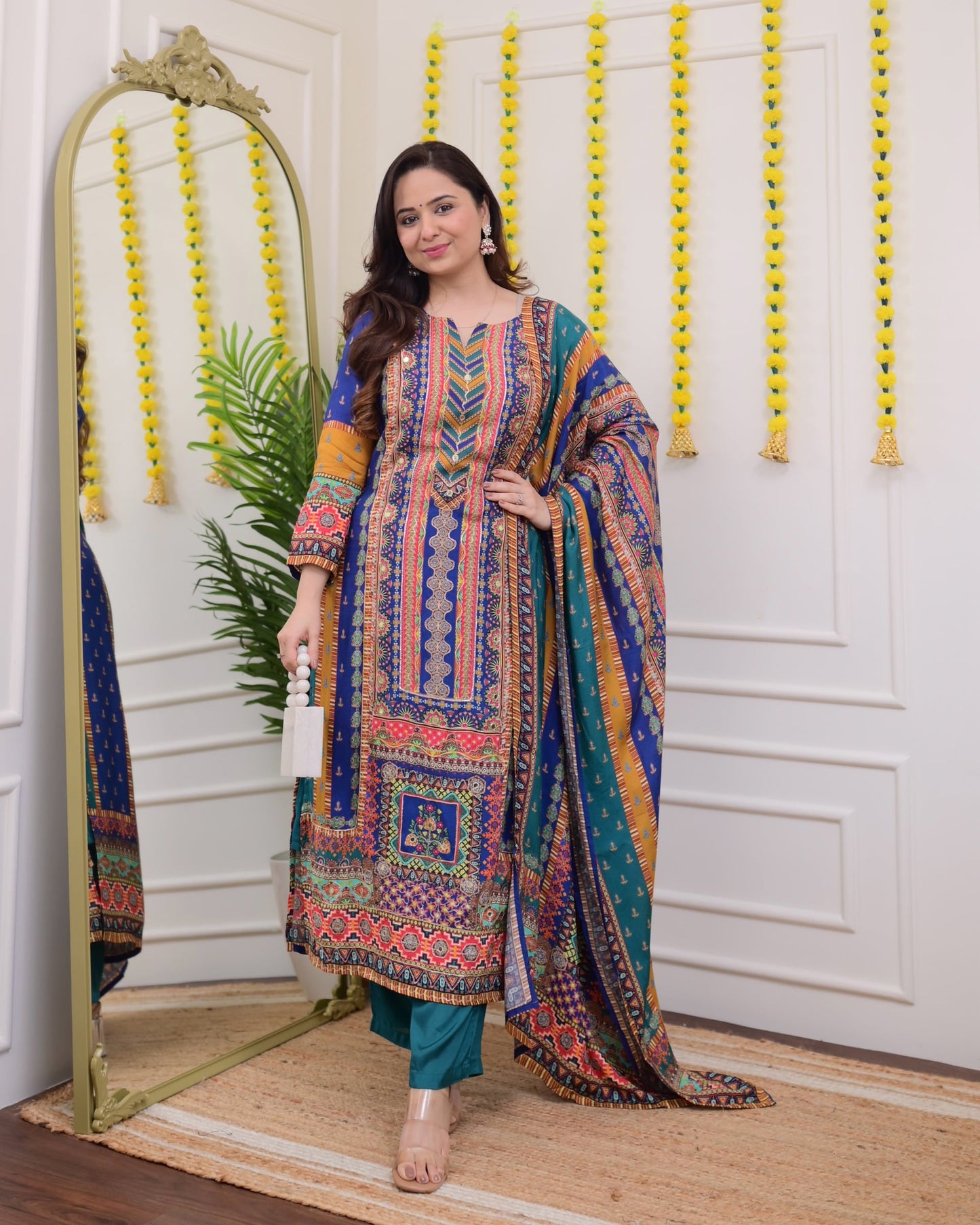 Aaradhya Blue Embroidery & Patchwork prints Handwork Muslin Suit with Trousers & Dupatta Kurtisthan