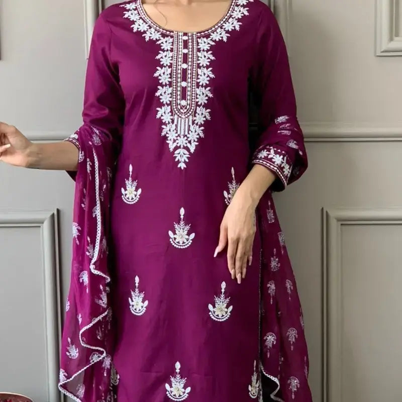 Anila Ethnic Floral Embroidered Rayon Fabric Suit Set With Foil Print Chiffon Dupatta Kurtisthan