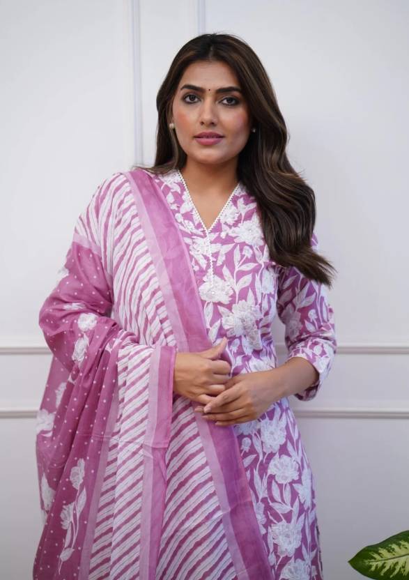 Prantika Floral Printed Design Work Pure Cotton Straight Kurta with Trousers & Dupatta Kurtisthan