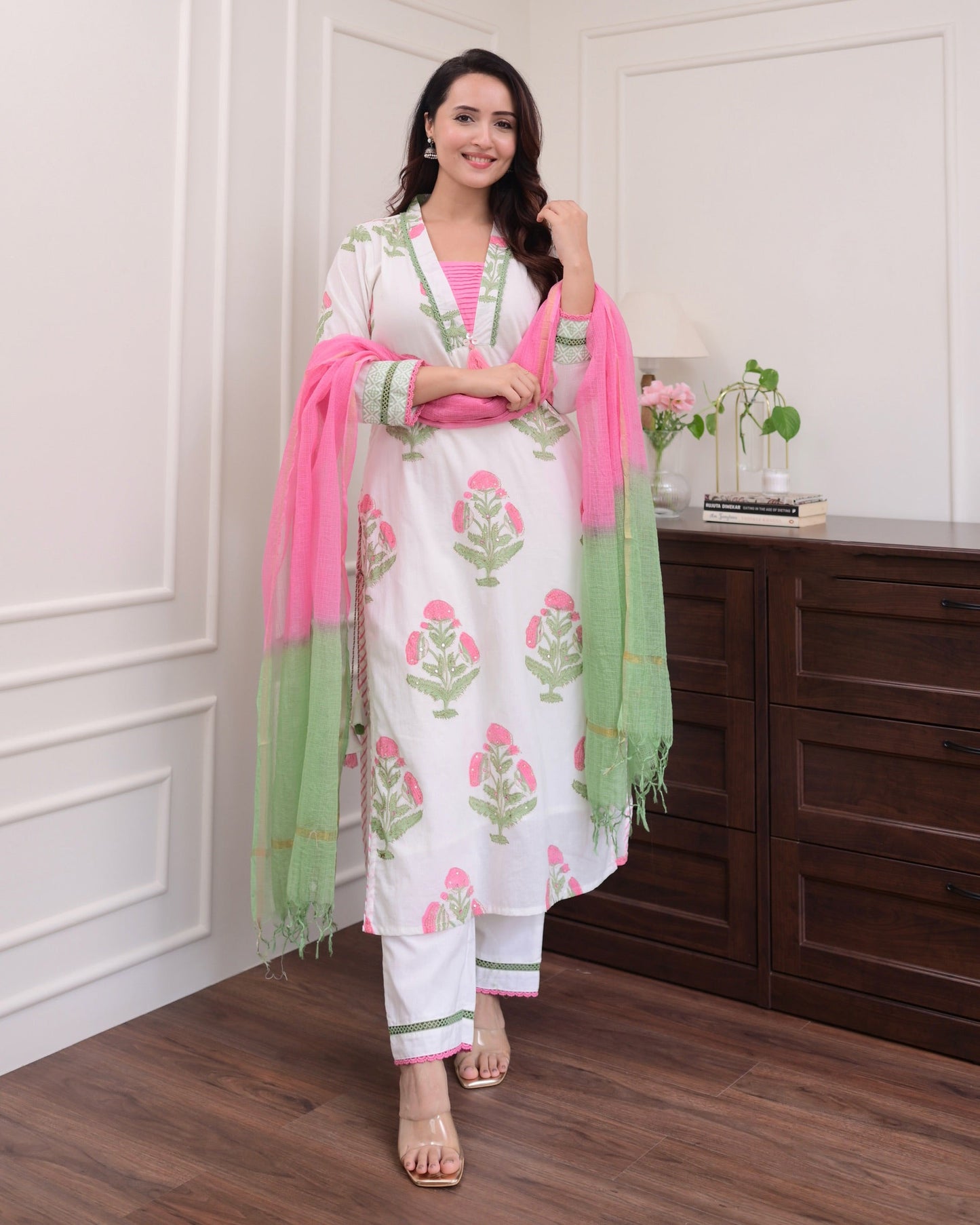 Malashri Beautiful Designer Floral Print Chanderi Cotton Suit set with Pant & Dupatta Kurtisthan