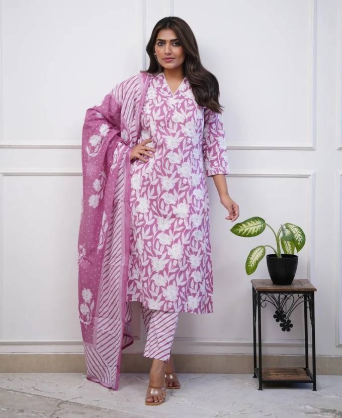 Prantika Floral Printed Design Work Pure Cotton Straight Kurta with Trousers & Dupatta Kurtisthan