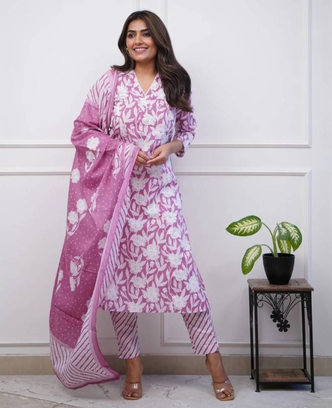 Prantika Floral Printed Design Work Pure Cotton Straight Kurta with Trousers & Dupatta Kurtisthan