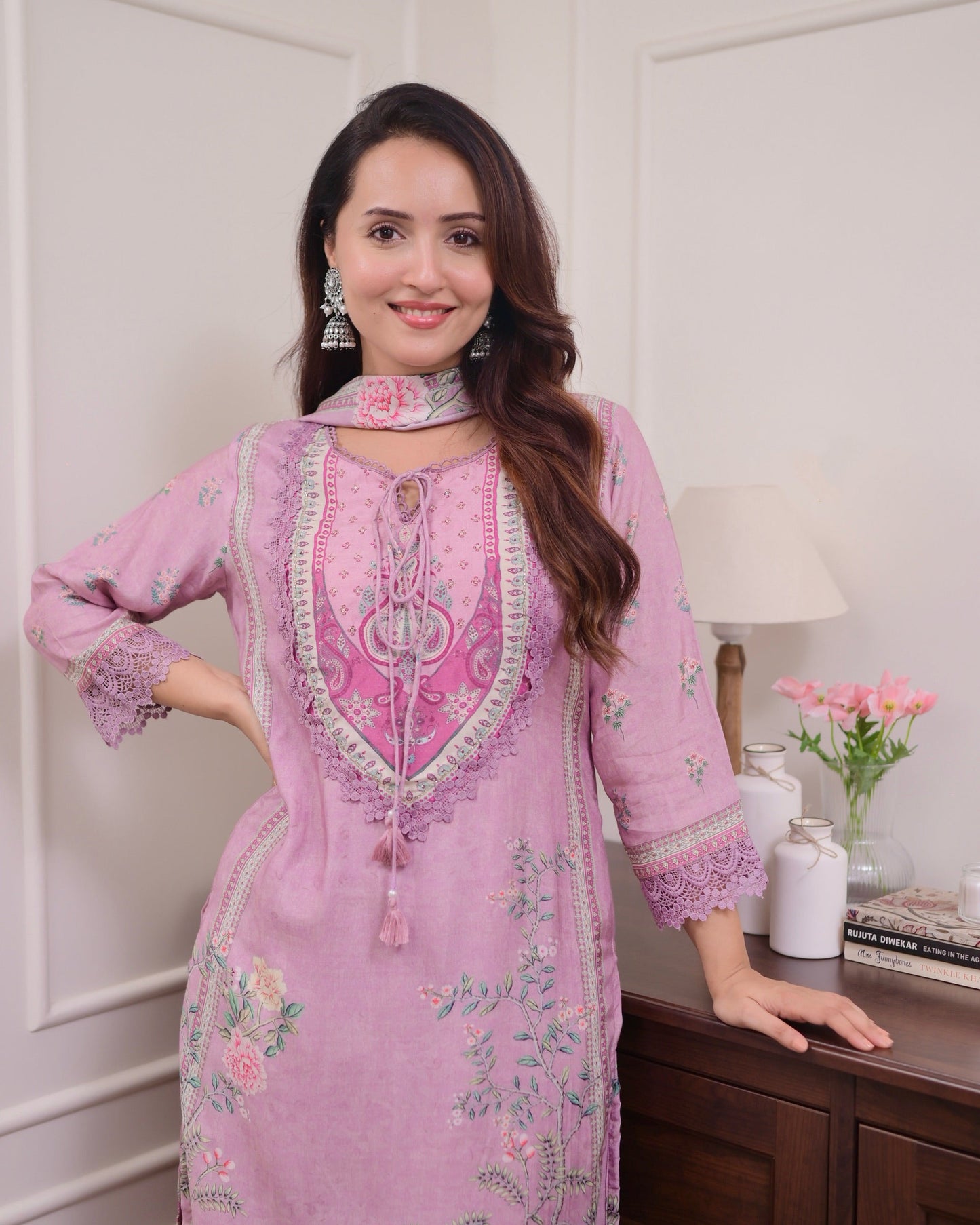 Saranya Floral Printed Design Work Lilac Muslin Pakistani Suit  with Trousers & Dupatta Kurtisthan