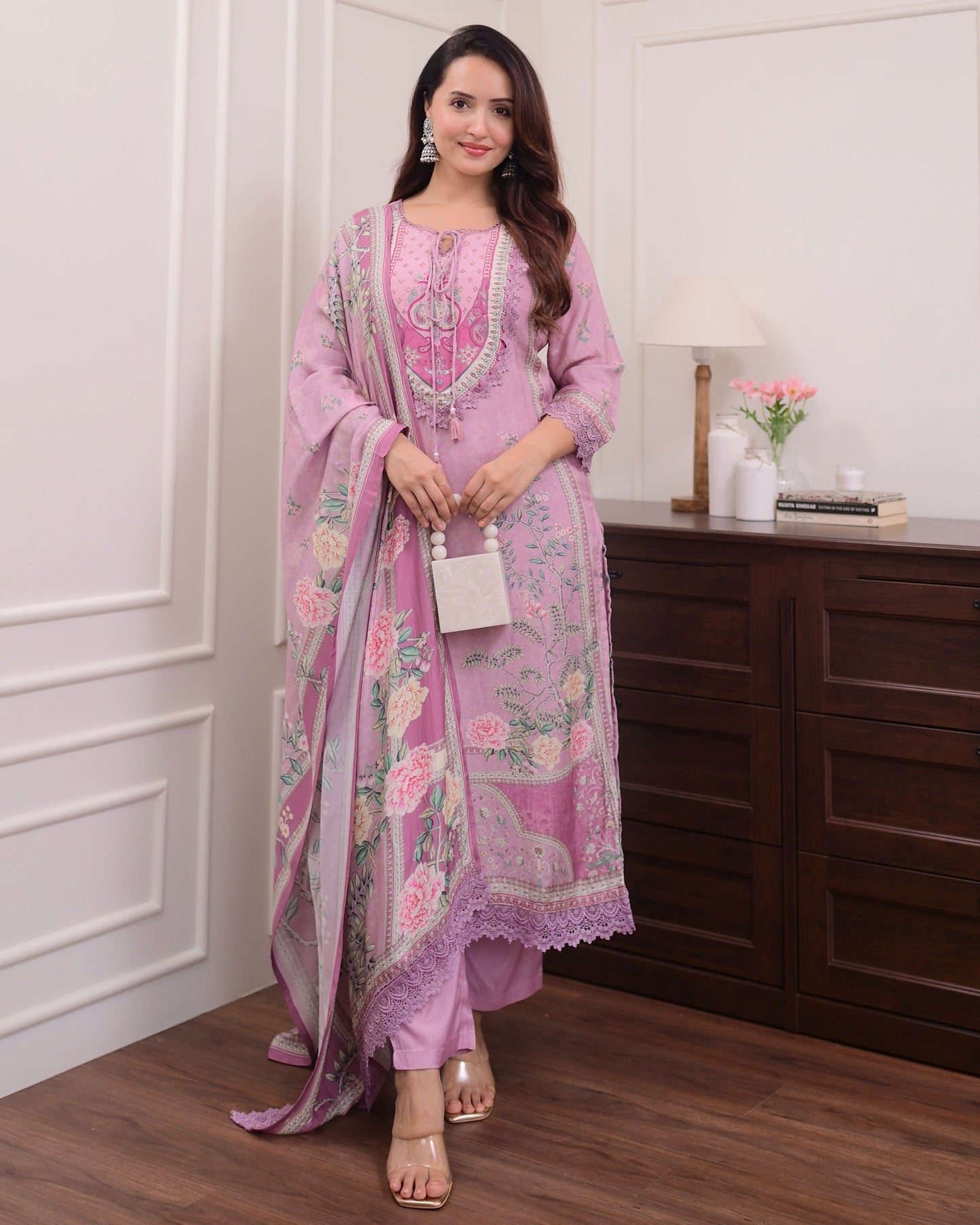 Saranya Floral Printed Design Work Lilac Muslin Pakistani Suit  with Trousers & Dupatta Kurtisthan