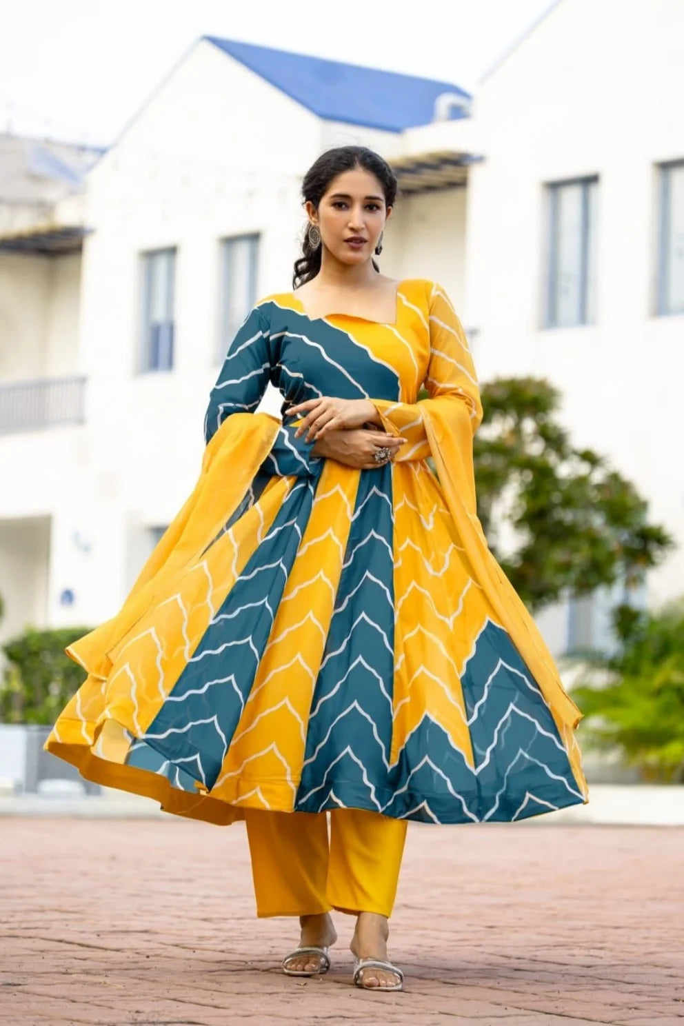 Aaravi Beautiful Yellow Leheriya Georgette Anarkali Gown with Pant and Lace-Detailed Dupatta Set Kurtisthan