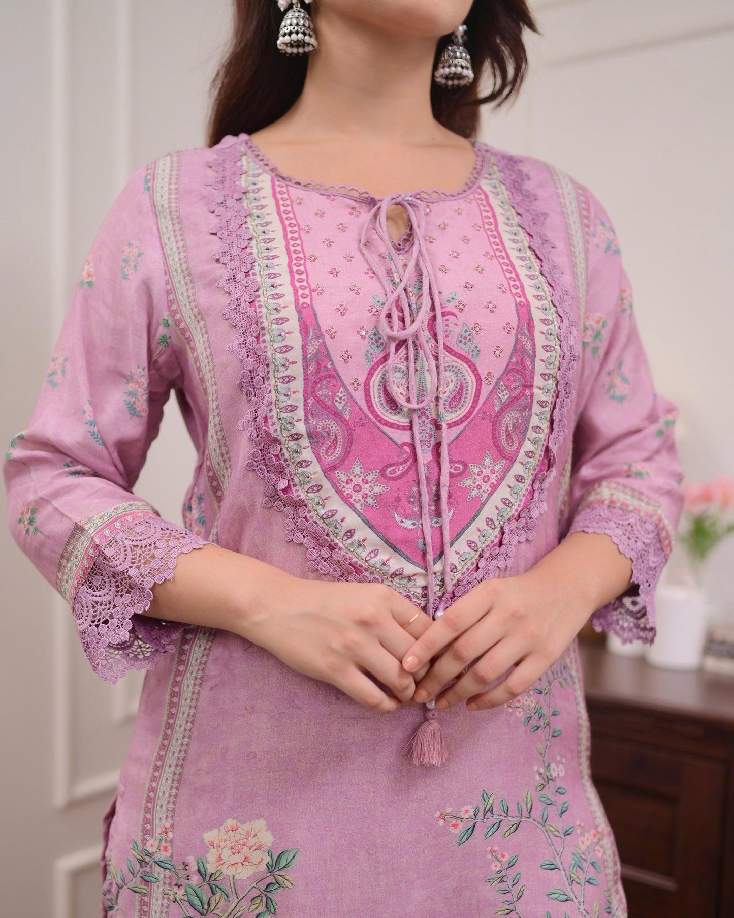 Saranya Floral Printed Design Work Lilac Muslin Pakistani Suit  with Trousers & Dupatta Kurtisthan