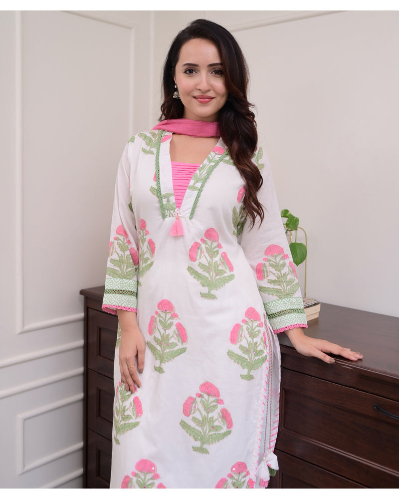 Malashri Beautiful Designer Floral Print Chanderi Cotton Suit set with Pant & Dupatta Kurtisthan