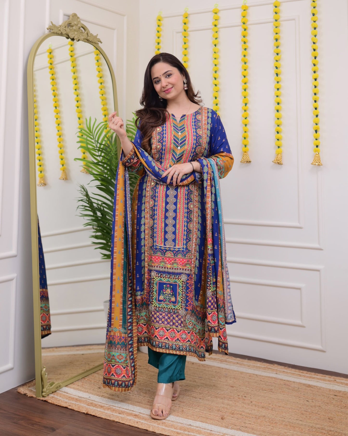 Aaradhya Blue Embroidery & Patchwork prints Handwork Muslin Suit with Trousers & Dupatta Kurtisthan