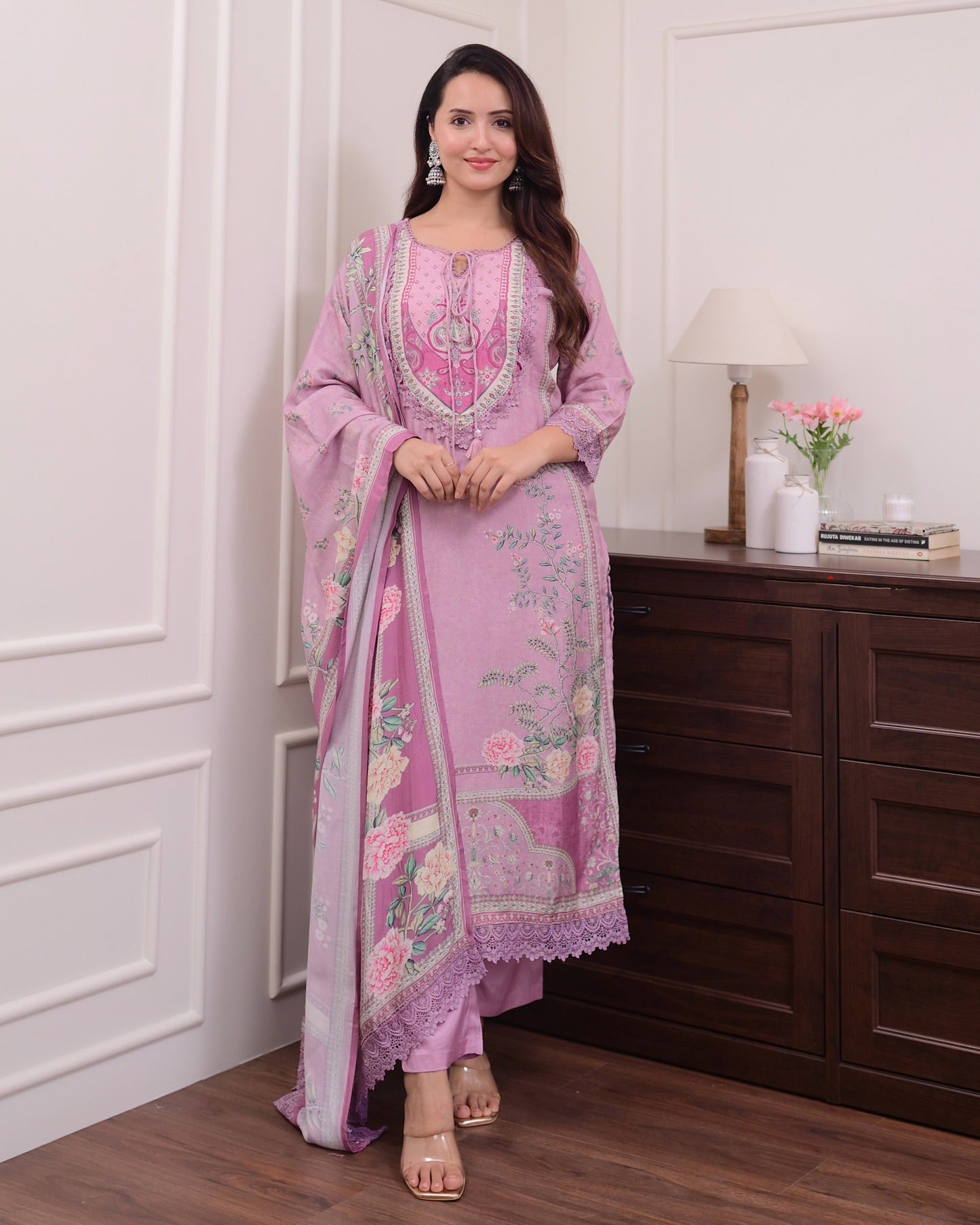 Saranya Floral Printed Design Work Lilac Muslin Pakistani Suit  with Trousers & Dupatta Kurtisthan