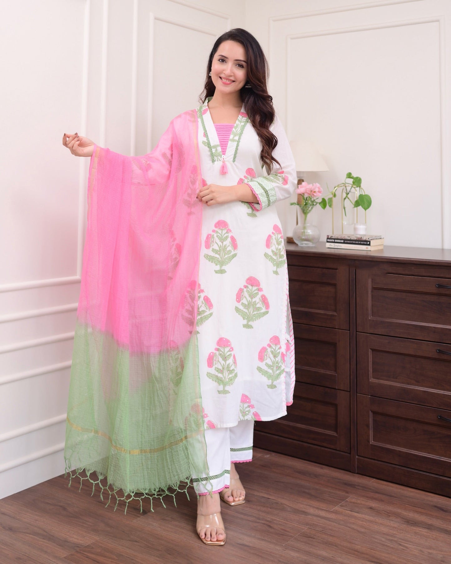 Malashri Beautiful Designer Floral Print Chanderi Cotton Suit set with Pant & Dupatta Kurtisthan