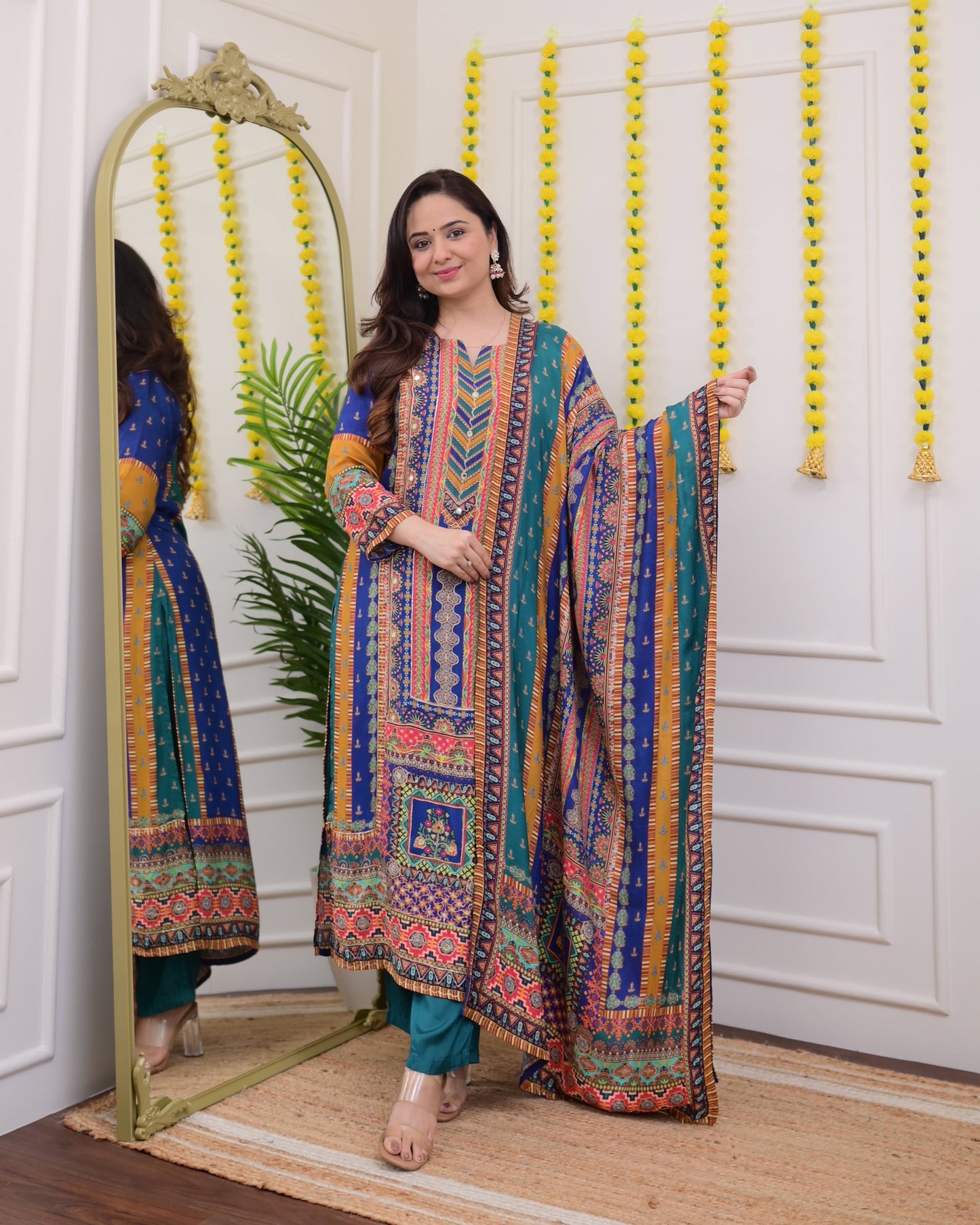 Aaradhya Blue Embroidery & Patchwork prints Handwork Muslin Suit with Trousers & Dupatta Kurtisthan