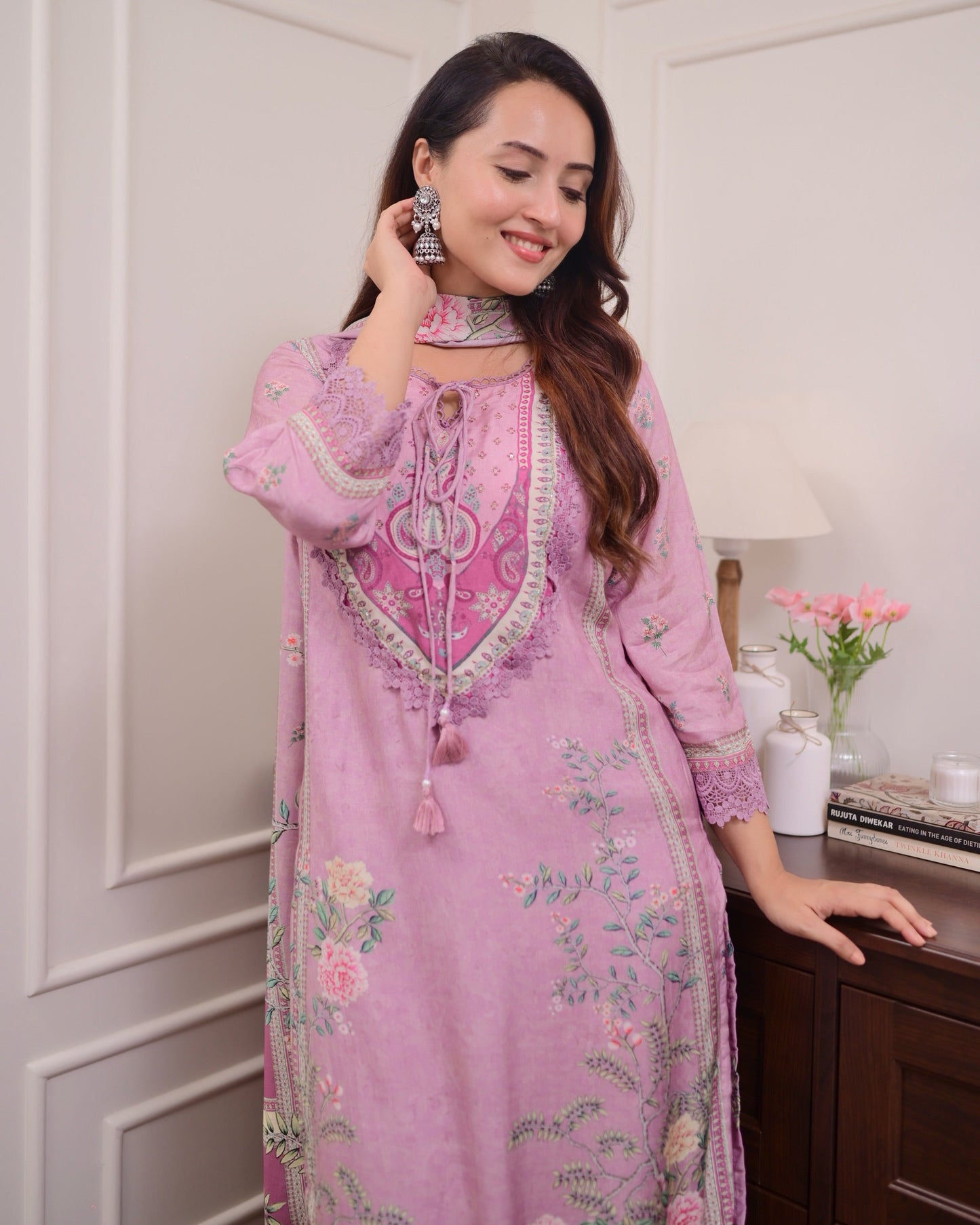 Saranya Floral Printed Design Work Lilac Muslin Pakistani Suit  with Trousers & Dupatta Kurtisthan