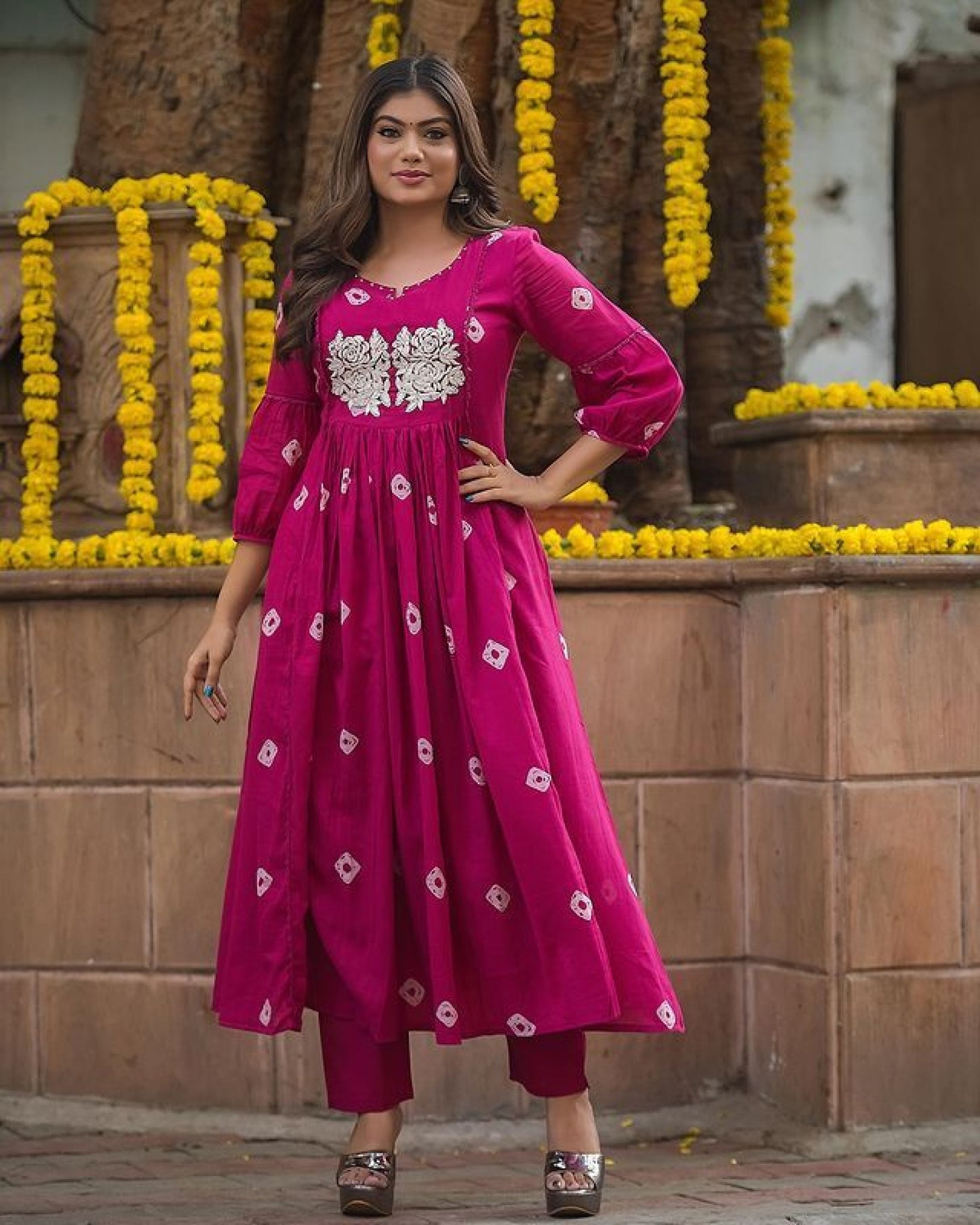 Janhvi Floral Embroidery Lace Work Pure Cotton Discharge Print Co-Ord Dress with Pant Kurtisthan