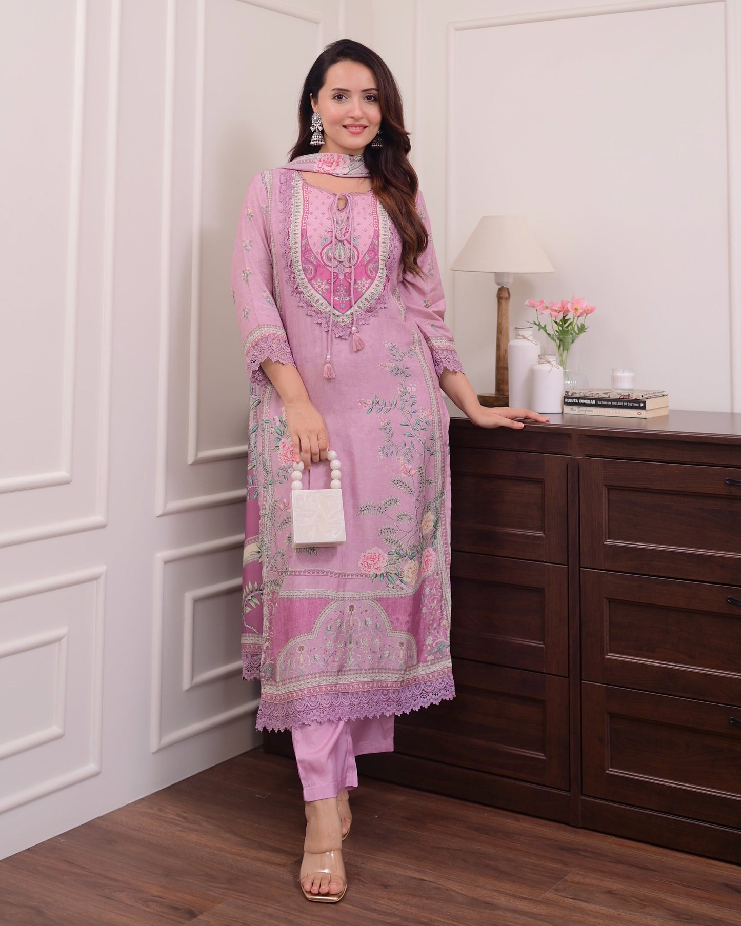 Saranya Floral Printed Design Work Lilac Muslin Pakistani Suit  with Trousers & Dupatta Kurtisthan