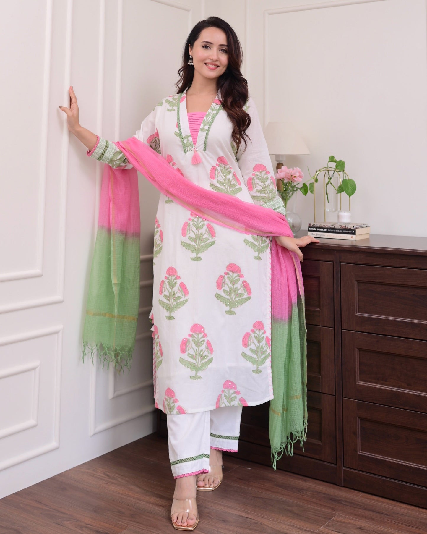 Malashri Beautiful Designer Floral Print Chanderi Cotton Suit set with Pant & Dupatta Kurtisthan