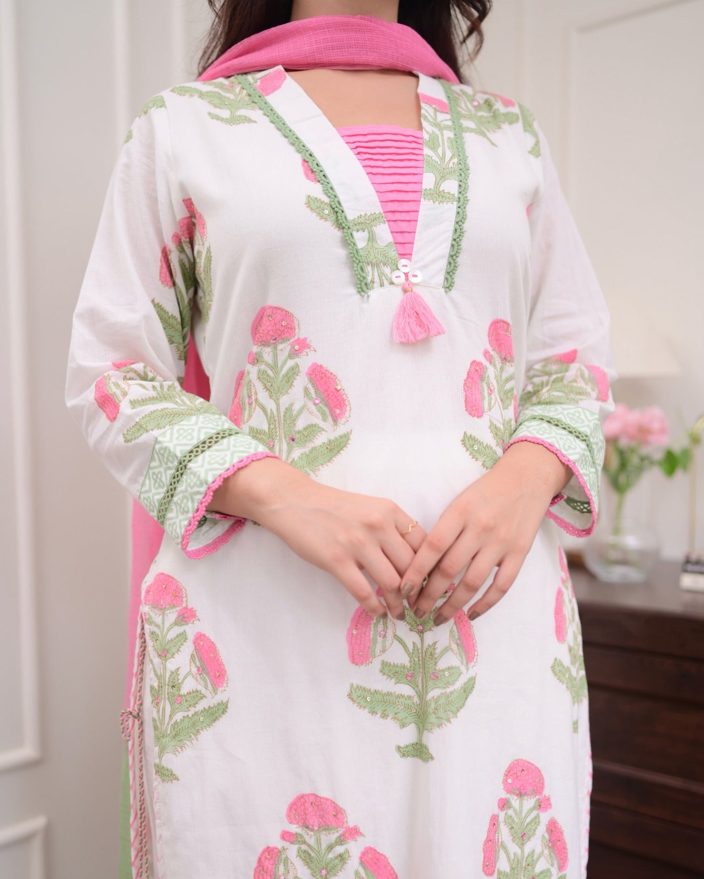 Malashri Beautiful Designer Floral Print Chanderi Cotton Suit set with Pant & Dupatta Kurtisthan