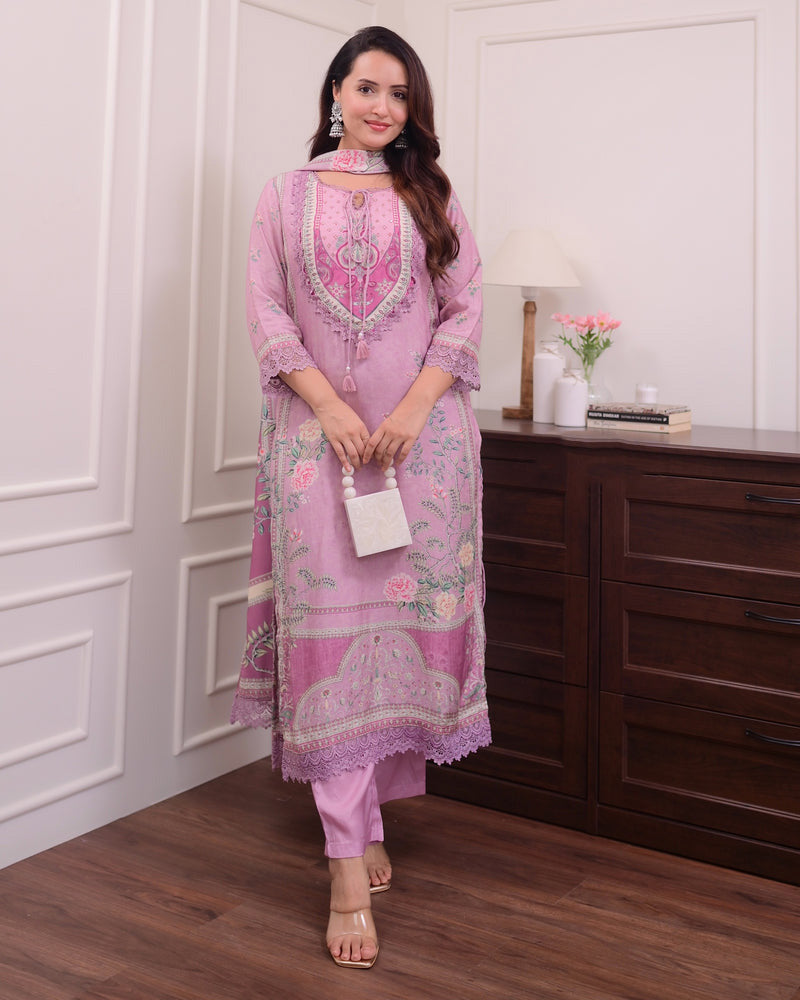 Saranya Floral Printed Design Work Lilac Muslin Pakistani Suit  with Trousers & Dupatta Kurtisthan