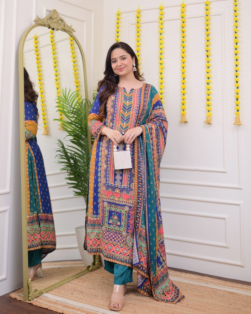 Aaradhya Blue Embroidery & Patchwork prints Handwork Muslin Suit with Trousers & Dupatta Kurtisthan