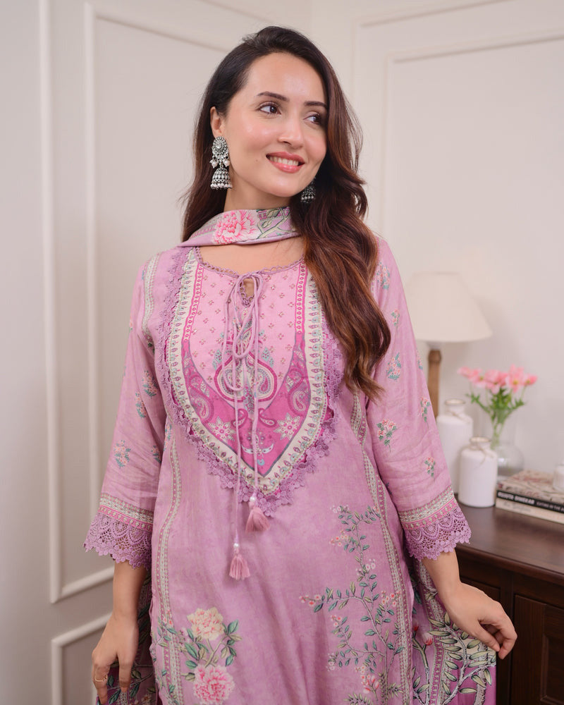 Saranya Floral Printed Design Work Lilac Muslin Pakistani Suit  with Trousers & Dupatta Kurtisthan