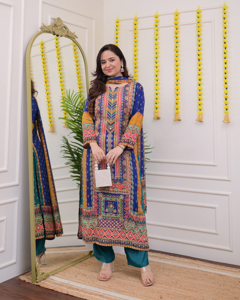 Aaradhya Blue Embroidery & Patchwork prints Handwork Muslin Suit with Trousers & Dupatta Kurtisthan