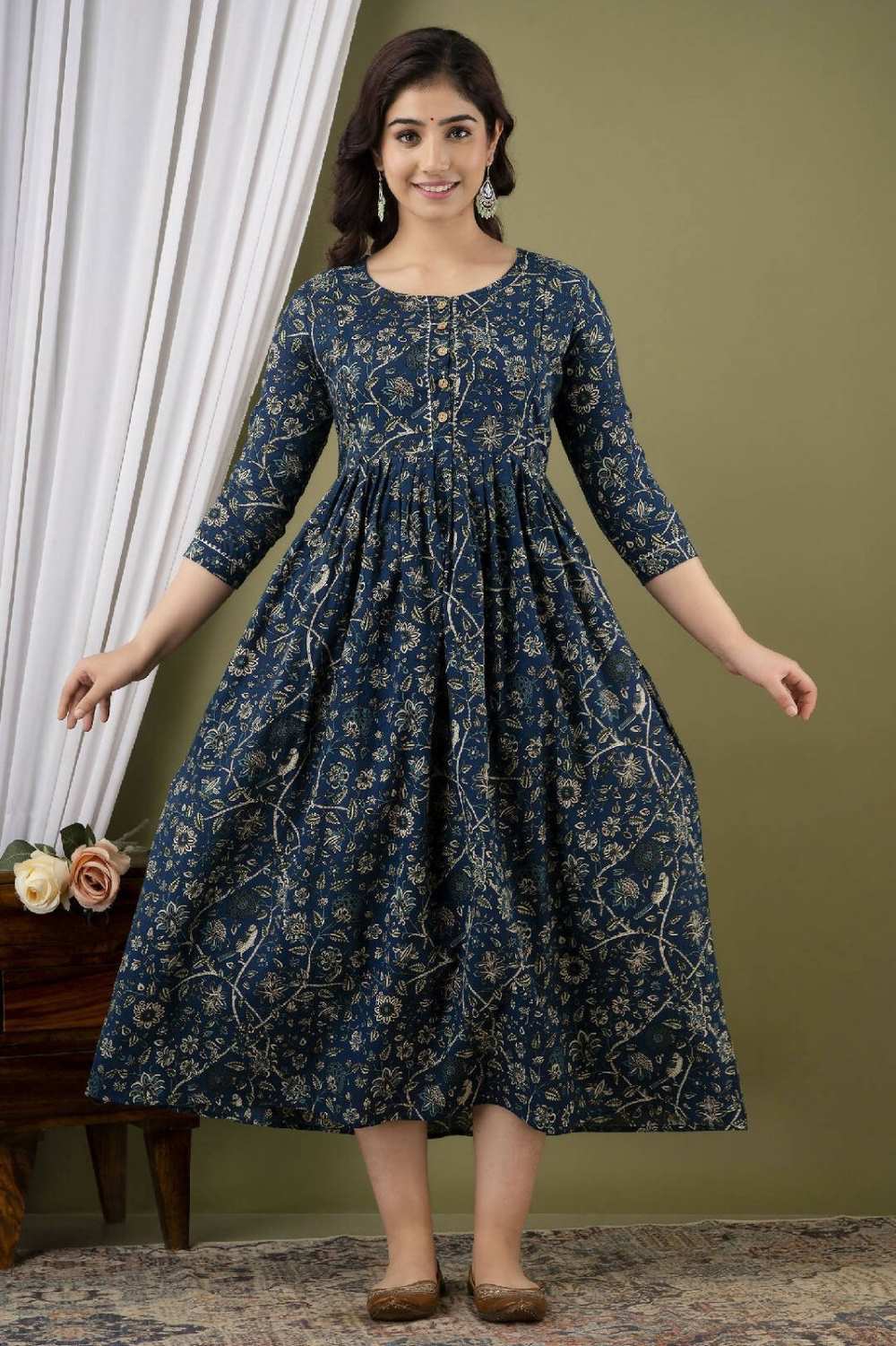 Irya Stunning Floral Printed Round Neck Cotton Fit & Flare Maternity Midi Dress