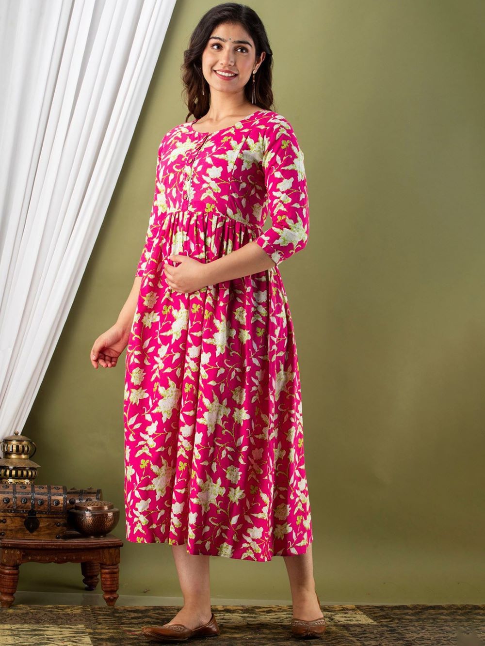 Charvi Stunning Floral Printed Round Neck Cotton Fit & Flare Maternity Midi Dress