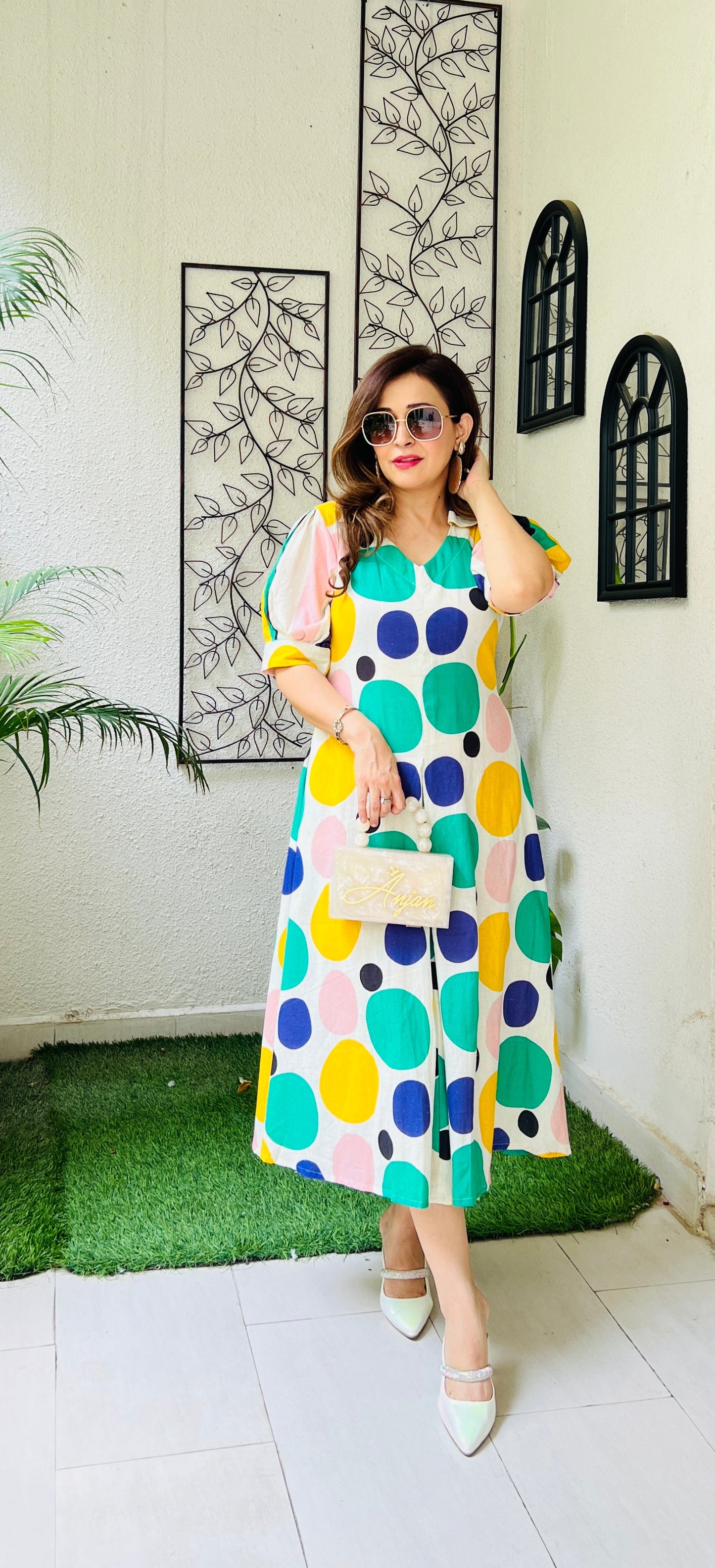 Bhavisha Quirky Prints Khadi cotton Midi Dress for Wedding and Festivals Kurtisthan