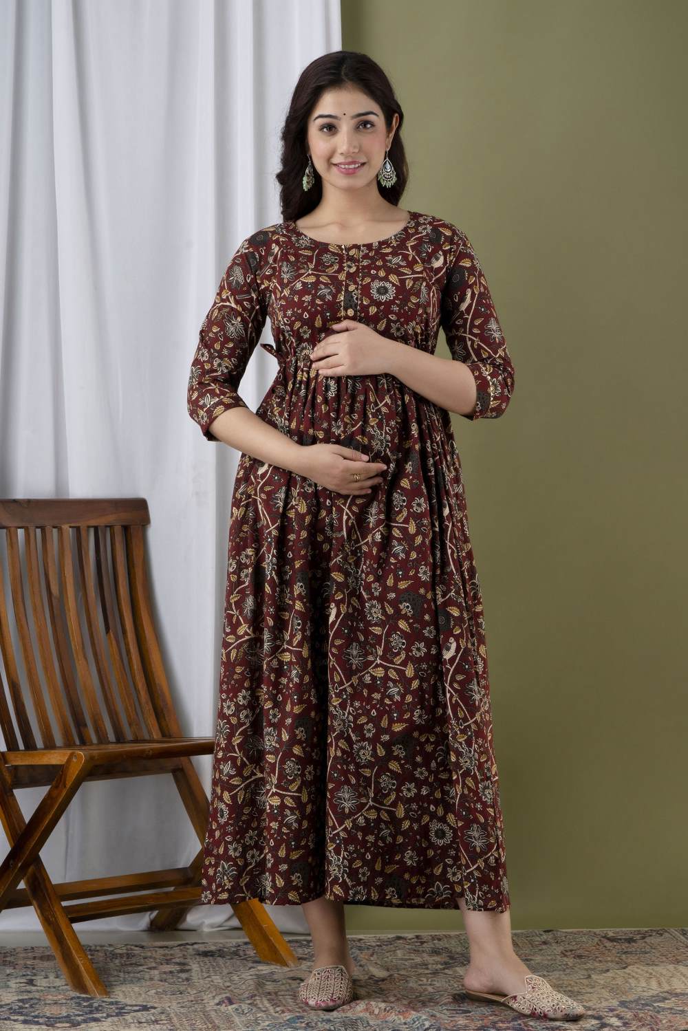 Falak Stunning Floral Printed Round Neck Cotton Fit & Flare Maternity Midi Dress