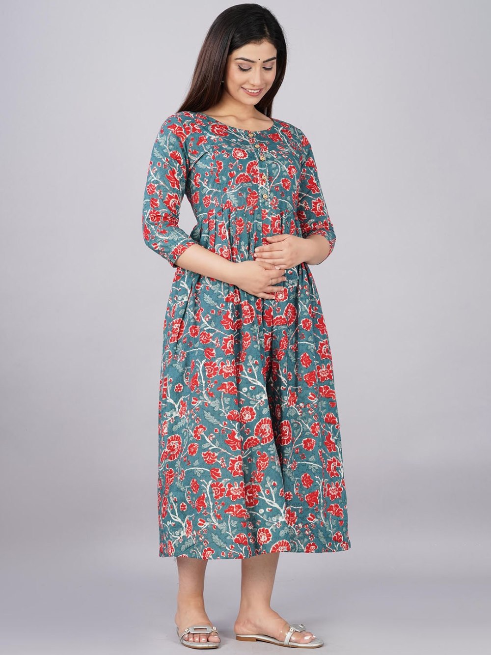 Janya Stunning Floral Printed Round Neck Cotton Fit & Flare Maternity Midi Dress