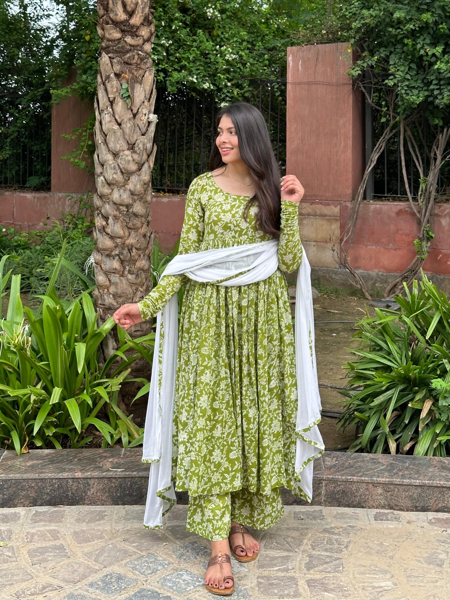 Ganga Leaf Floral Green Anhrakha Digital Printed Pure Cotton Anarkali Suit Set with Pant and Dupatta Kurtisthan