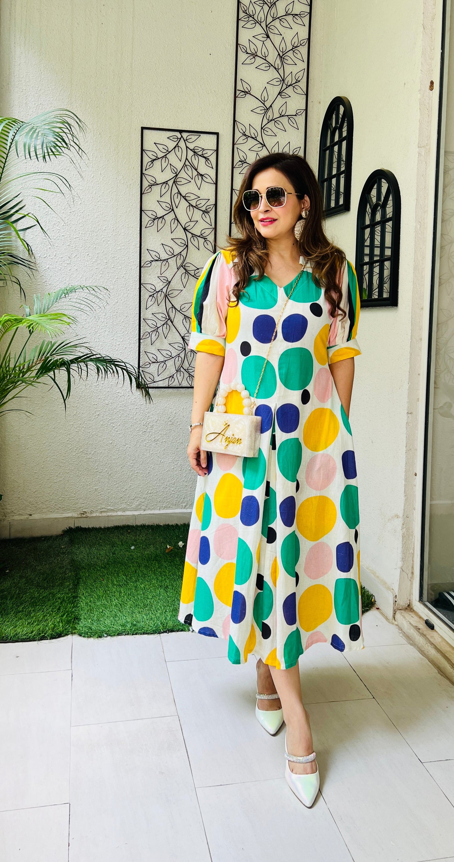 Bhavisha Quirky Prints Khadi cotton Midi Dress for Wedding and Festivals Kurtisthan