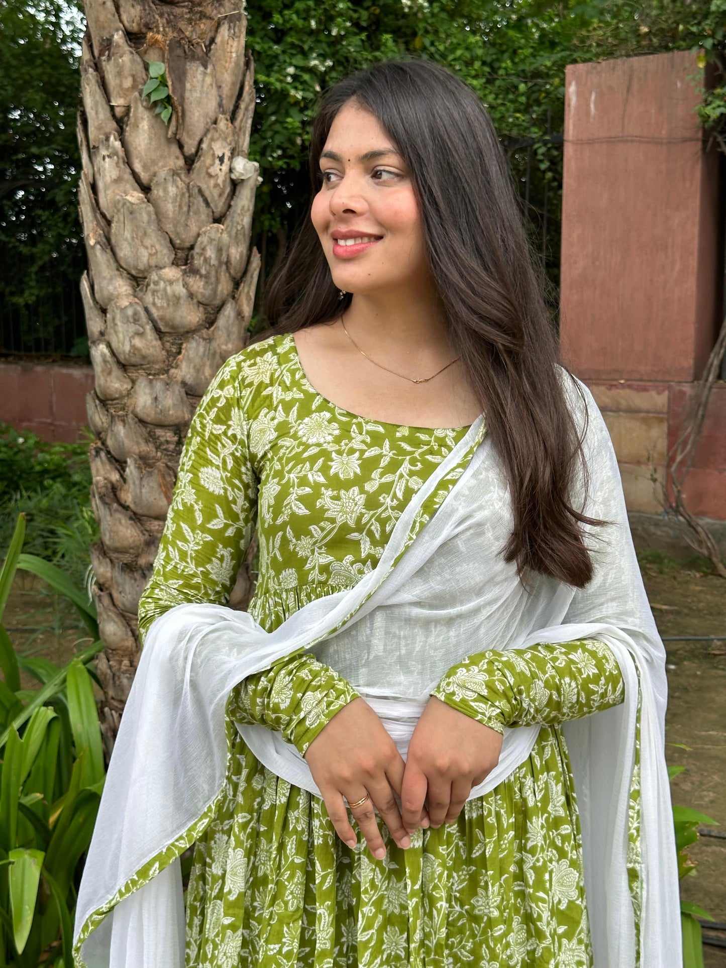 Ganga Leaf Floral Green Anhrakha Digital Printed Pure Cotton Anarkali Suit Set with Pant and Dupatta Kurtisthan