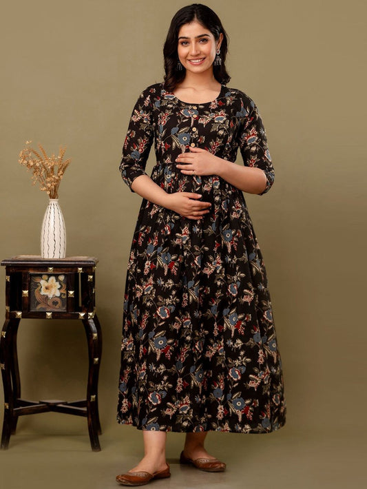 Leena Stunning Floral Printed Round Neck Cotton Fit & Flare Maternity Midi Dress