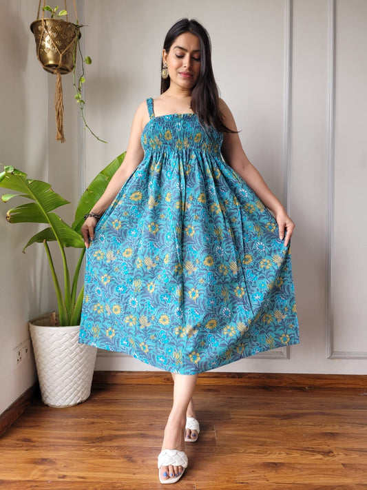 Kritika Wine Blue Floral Indian Hand Block Printed Cotton Dress for Wedding and Festivals Kurtisthan