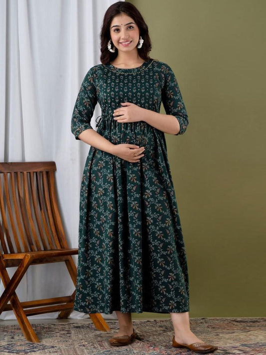 Netra Stunning Floral Printed Round Neck Cotton Fit & Flare Maternity Midi Dress