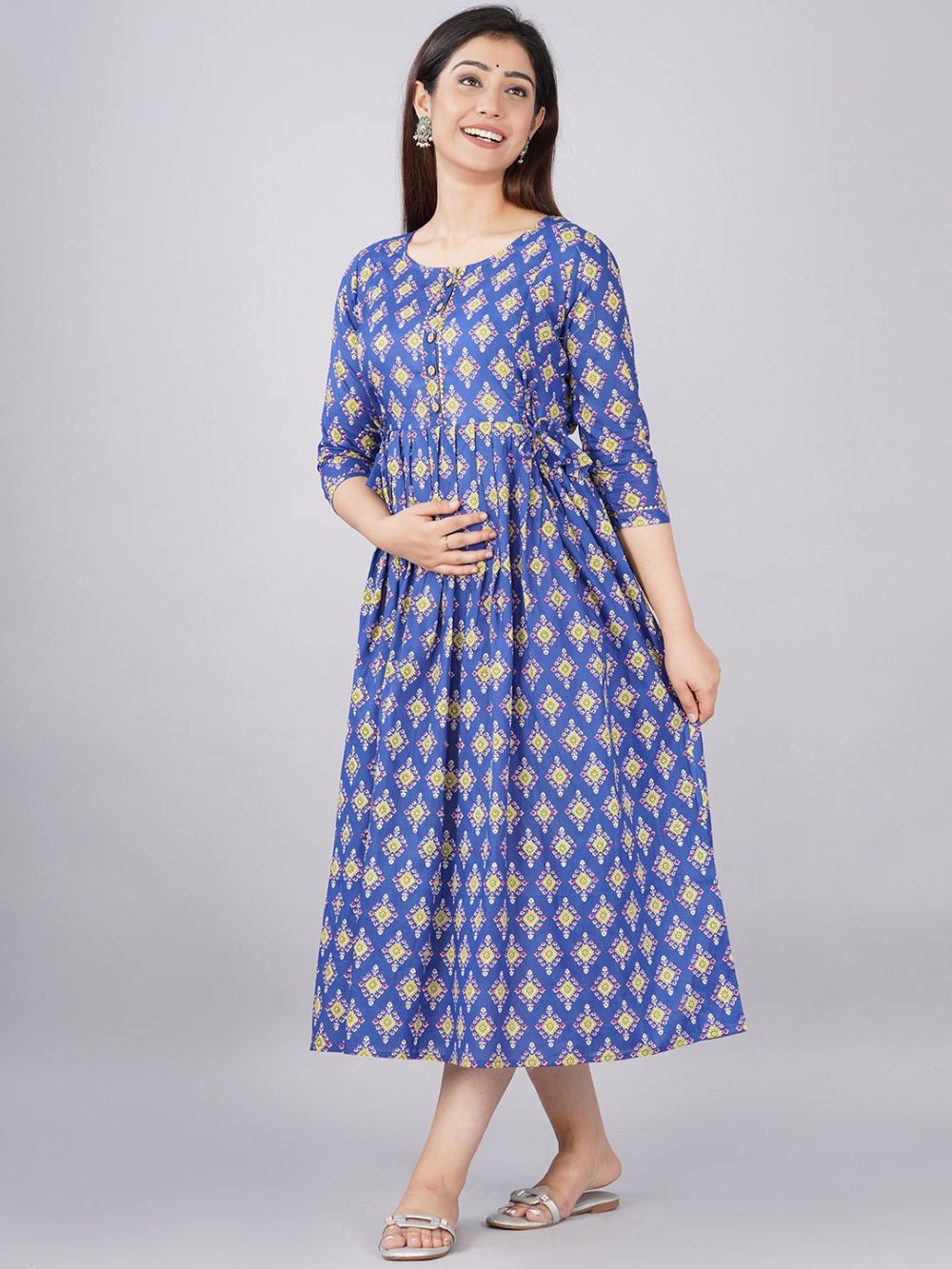 Kashvi Stunning Floral Printed Round Neck Cotton Fit & Flare Maternity Midi Dress