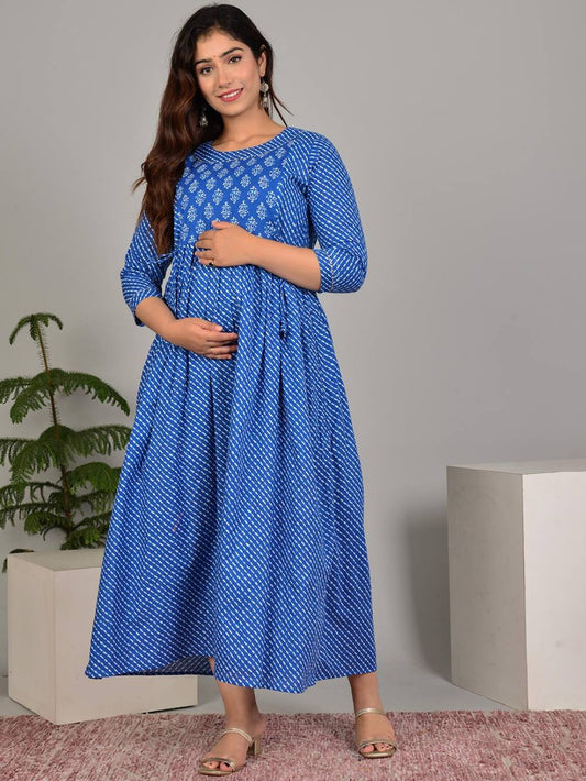 Nidra Stunning Floral Printed Round Neck Cotton Fit & Flare Maternity Midi Dress