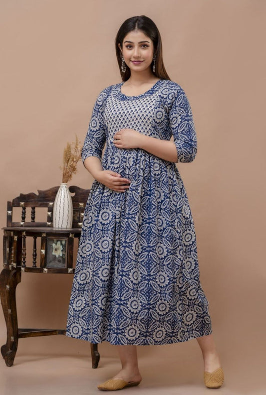 Dayita Stunning Floral Printed Round Neck Cotton Fit & Flare Maternity Midi Dress