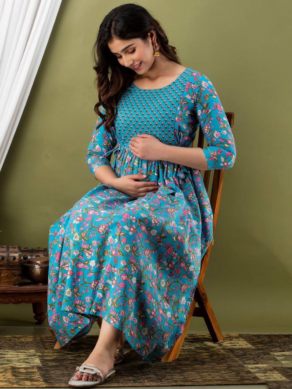 Pushti Stunning Floral Printed Round Neck Cotton Fit & Flare Maternity Midi Dress