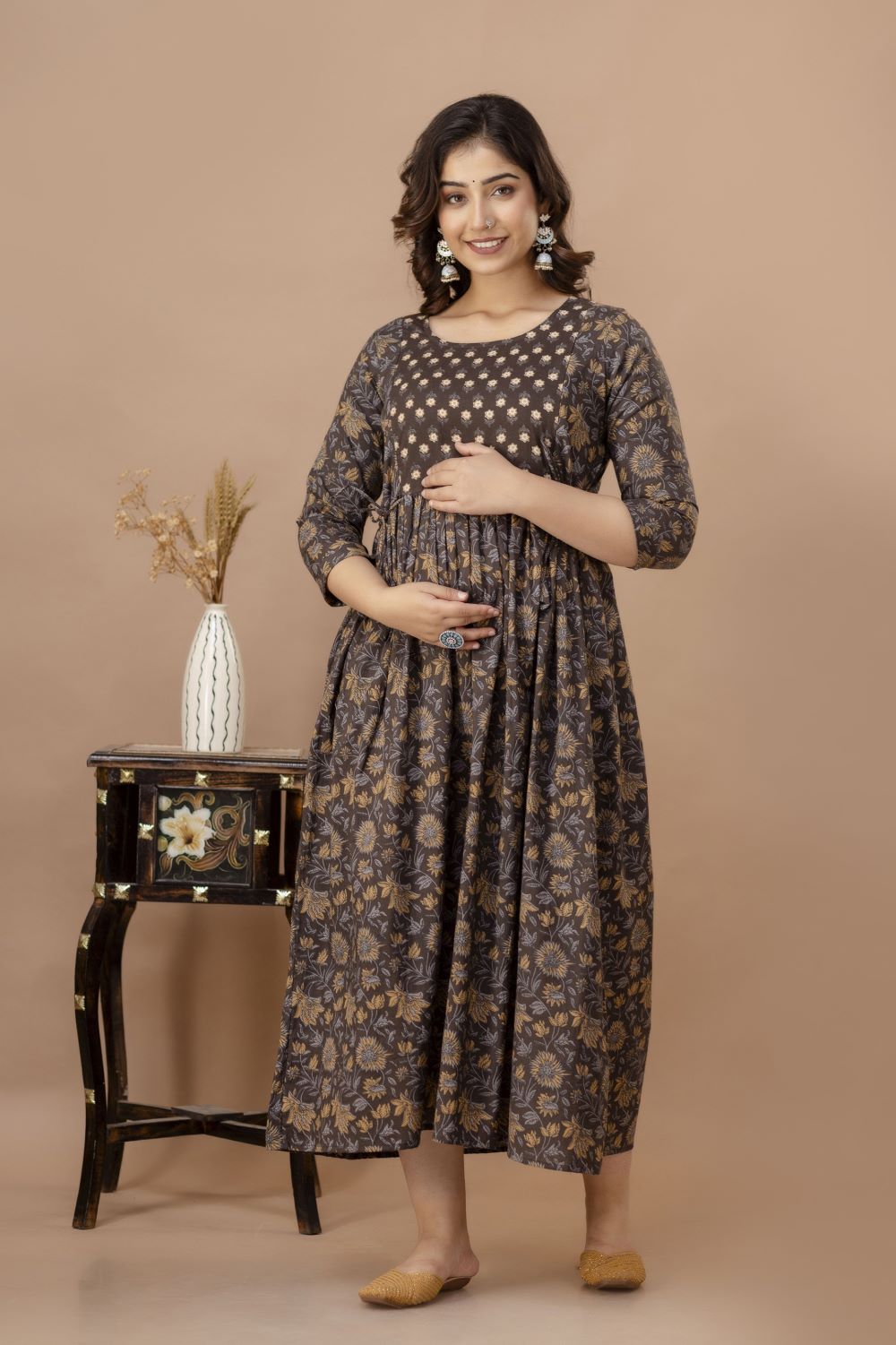 Dipta Stunning Floral Printed Round Neck Cotton Fit & Flare Maternity Midi Dress