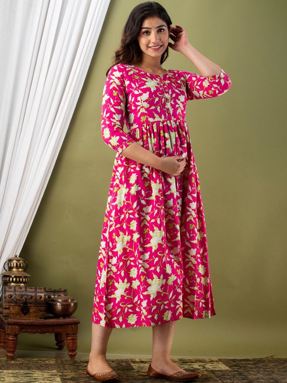 Charvi Stunning Floral Printed Round Neck Cotton Fit & Flare Maternity Midi Dress