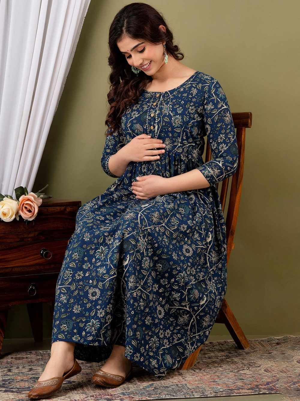 Irya Stunning Floral Printed Round Neck Cotton Fit & Flare Maternity Midi Dress