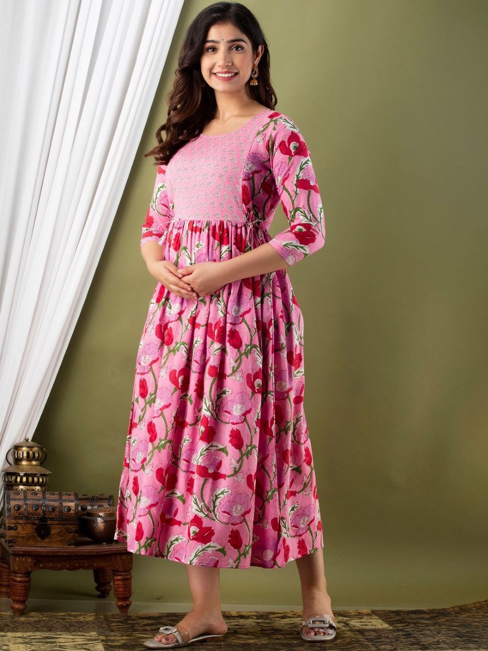 Pahal Stunning Floral Printed Round Neck Cotton Fit & Flare Maternity Midi Dress